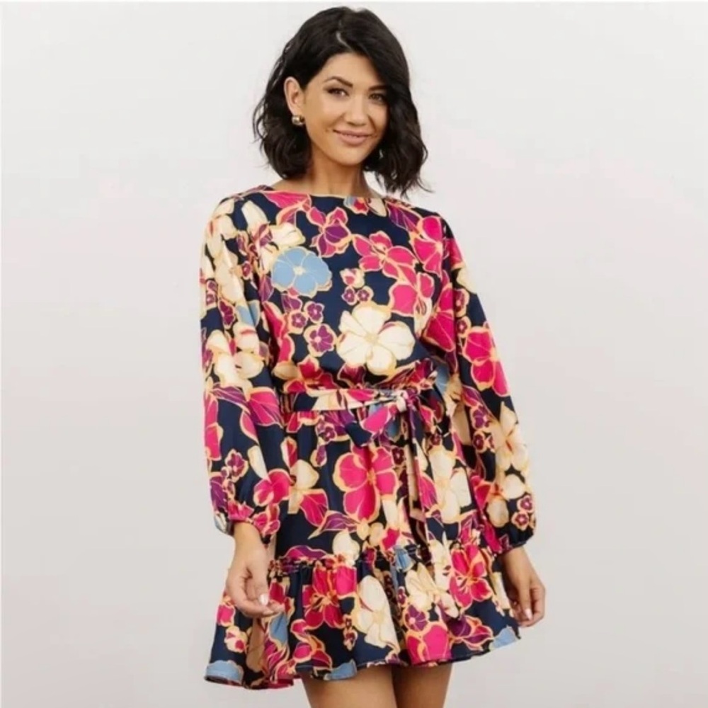 Floral Long-Sleeve Belted Mini Dress in Navy and Pink